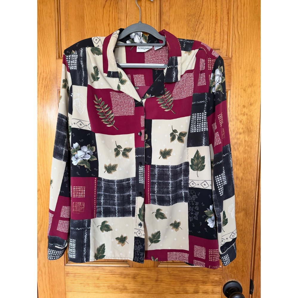 Alfred Dunner Womens Patchwork Floral Button Down Blouse Burgundy Cream Size 18